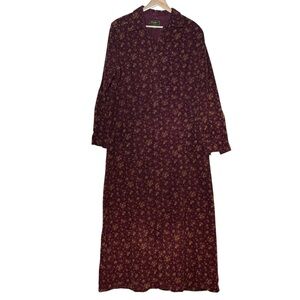 Eddie Bauer Corduroy Floral Maxi Shirt Dress Size M Burgundy Grandmacore Granny